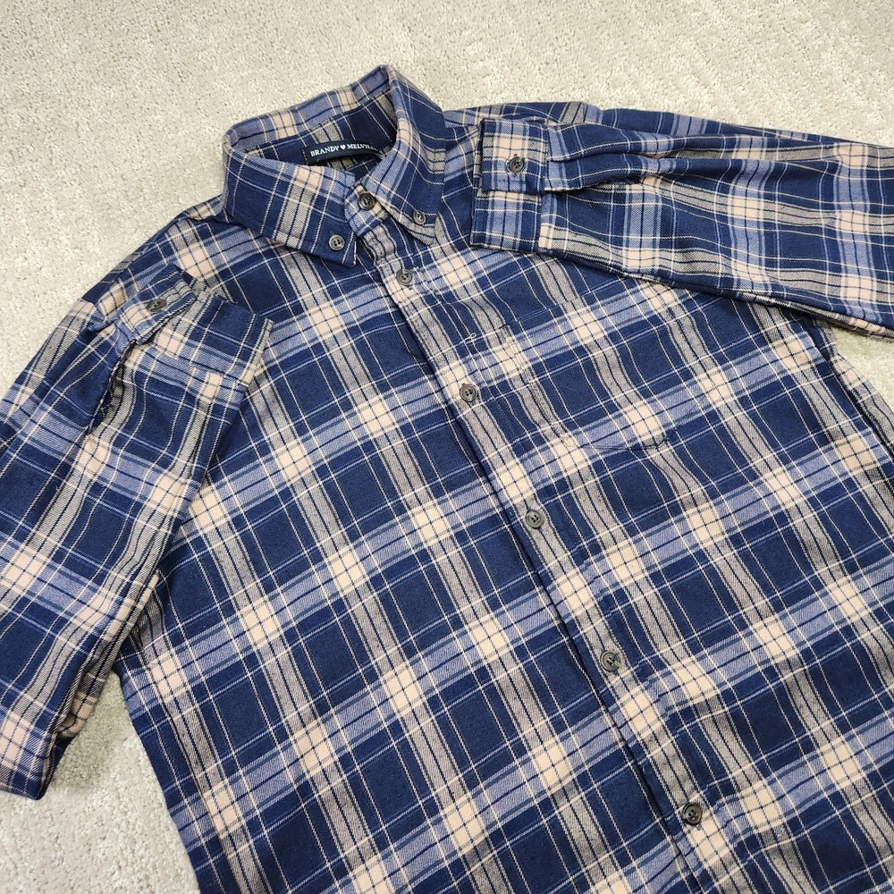 Brandy Melville Flannel Shirt Women Medium Cotton Button Up Blue Plaid‎